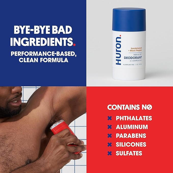 Huron Aluminum-Free Deodorant for Men - Clean & Woody Scent of Sandalwood & Amber - Neutralizes Odor for All-Day Protection - Non-Irritating - 3.2 Oz (2 Pack)