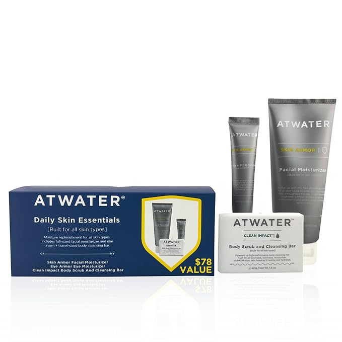 ATWATER Daily Skin Essentials Bundle, Complete Men's Skincare Kit with Award-Winning Face Moisturizer, Eye Cream and Body Scrub Bar - 3 Piece Set