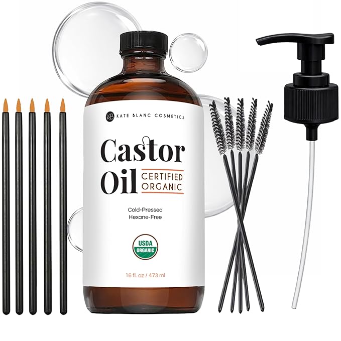 Kate Blanc Cosmetics Castor Oil Organic (16oz), 100% Pure, Cold Pressed, Hexane Free, Glass Bottle. Natural Oil for Hair, Eyelashes, Eyebrows. Body Oil & Skin Moisturizer with Starter Kit