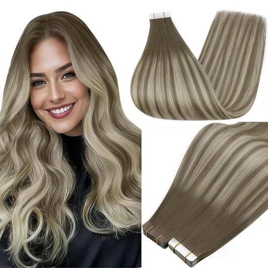 Full Shine Brown And Blonde Tape in Extensions Human Hair Color 7/1000/7 Ombre Tape in Hair Extensions 14Inch Hair Extensions Real Human Hair 50Gram Remy Seamless Extension 20Pcs Natural Straight Hair
