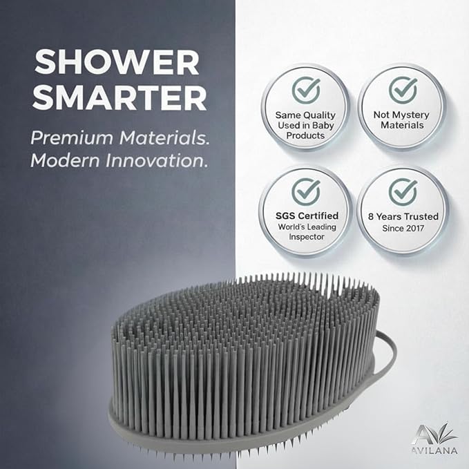 Avilana Premium Exfoliating Body Scrubber - 8 Years Trusted Since 2017 - SGS Certified Silicone Bath Brush, Firm Bristles Smooth Rough Bumpy Skin Texture, Dual Sided Loofah Alternative Women Men Kids