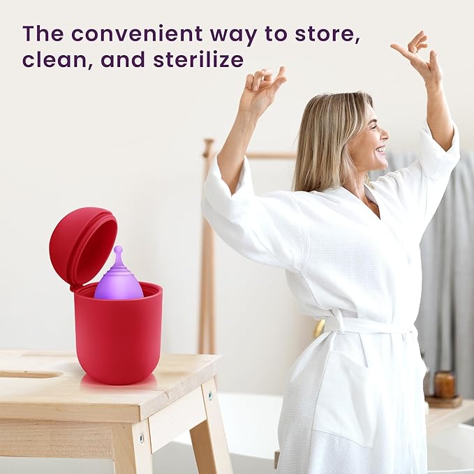 EcoBlossom Menstrual Cup Case and Sterilizer - Reusable Silicone Sterilizing Holder - Cleaner Period for You and Your Disc or Cup - Portable Cleaning Container & Microwave Steamer (Rose)
