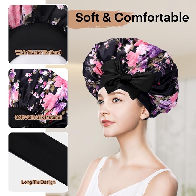 Arqumi 2 Pcs Satin Silk Bonnet for Sleeping Women, Large Long Strap Tie Band Adjustable Sleep Night Cap Curly Hair Bonnet Wrap for Braids Mother's Day Girls Gifts, Black+ Pink(Large, Flower Pattern)