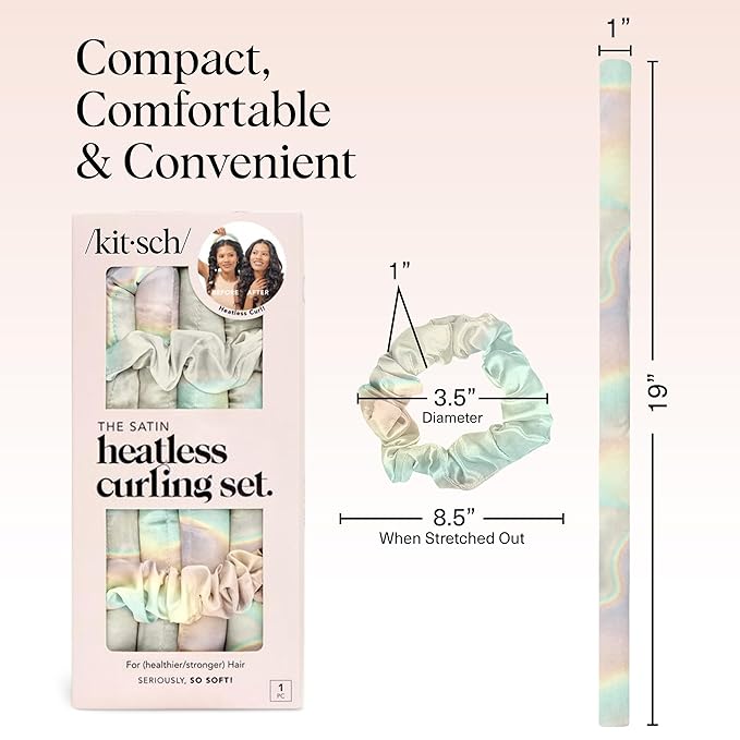 Kitsch Satin Heatless Curling Set – Heatless Curls Overnight with 34" Hair Curler & 2 Satin Scrunchies – Comfortable Hair Curlers to Sleep In for Frizz-Free, No Heat Damage Styling - Aura