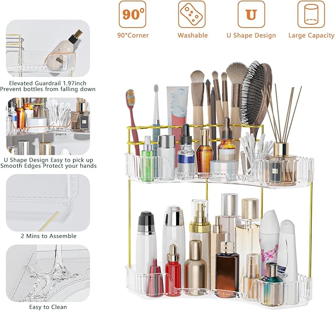 Webetop Corner Makeup Organizer for Vanity, 2 Tier Bathroom Cosmetics Organizer Countertop with Make up Brush Holder Corner Counter Storage Skincare Organizer for Bathroom Dresser Toiletry(Clear)