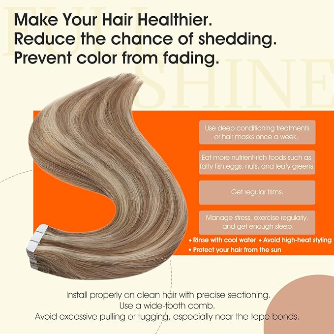 Full Shine Tape in Human Hair Extensions 22Inch Pu Tape in Hair Extensions Color Golden Brown Highlighted Bleach Blonde Seamless Tape ins Skin Weft Hair Extension Tape ins 50G 20Pcs Double Sided Tapes