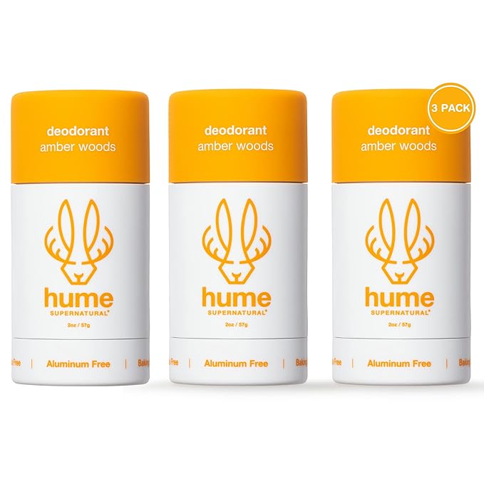 Hume Supernatural Aluminum Free Deodorant for Women & Men - Safe for Sensitive Skin - Probiotic, Plant-Based, Baking Soda Free, Aloe, & Cactus Flower, Anti Sweat, Stain & Odor - Amber Woods, 3-Pack