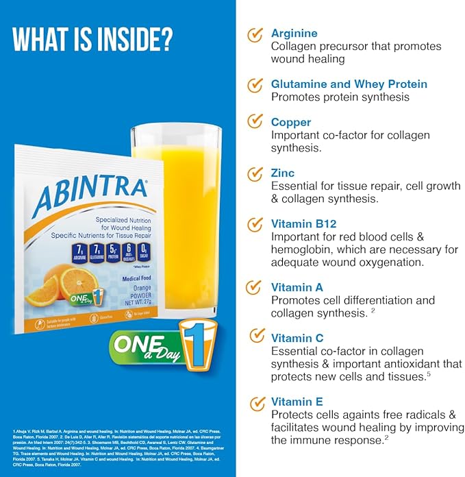 ABINTRA Specialized Nutrition for Wound Healing Includes L-Arginine, Orange Flavor, 6 Packets, 27g Each