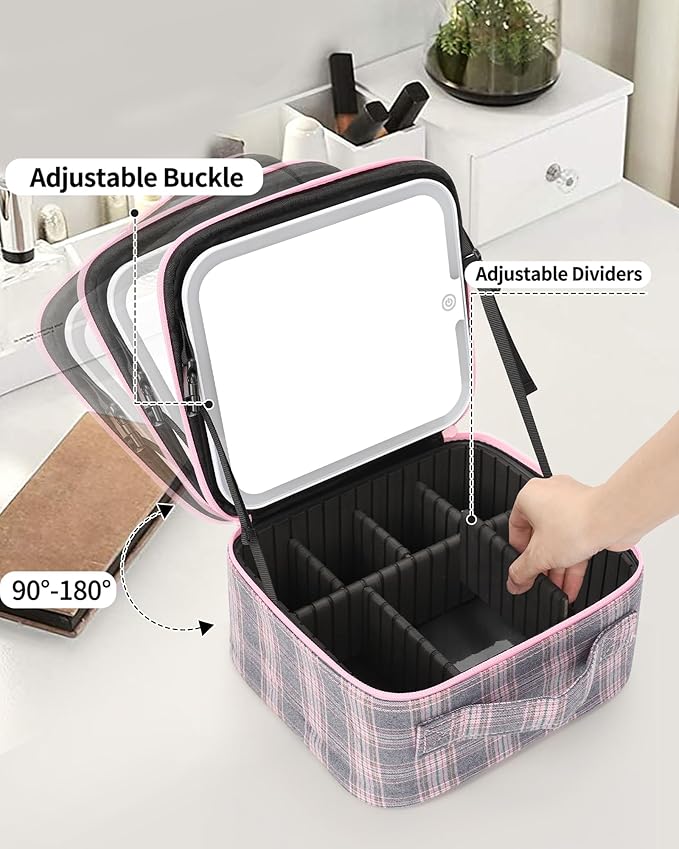 Relavel Travel Makeup Bag With LED Mirror, Portable Cosmetic Organizer Bag with Adjustable Brightness in 3 Color Scenarios, Small Train Case with Detachable Dividers for Trip- Grey Strip