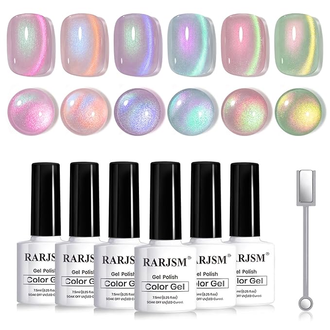RARJSM Aurora Ocean Cat Eye Gel Nail Polish Set 6pcs Ceramic Duo Color Shimmer Universal Pink Orange Green Blue Purple Glitter Pearl Shell Mermaid Cateye Effect with Magnet Stick Curing Requires