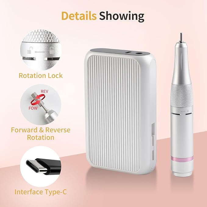 Vinid Professional Electric Nail Drill - 38,000RPM Rechargeable Manicure Kit for Filing, Cuticle Care, Buffing & Polish Removal with Adjustable Speed, Quiet Motor & Portable Design, White