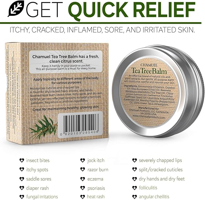 Tea Tree Oil Balm, Itchy Skin Relief for Soothing Rashes, Jock Itch, Athlete’s Foot, Folliculitis, Bug Bites. Natural Formula for Dry Sensitive Skin | Safe for All Ages 1pack