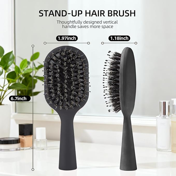 Boar Bristles Hair Brush for Women Men and Kids, Detangling Hair Brush for Smoothing Massage Add Shine, Nylon&Boar Bristles brush for Hair Healthy, Easy to Storage(Black)