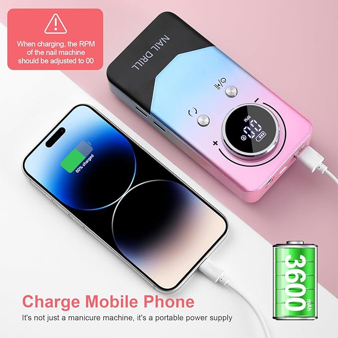 Electric 45000RPM Nail Drill Machine Rechargeable Portable Nail File Electric DIY Nail Drill Kit with Smart LCD Screen for Gel Nail Manicure and Pedicure Reflective Body etc (Gradient)