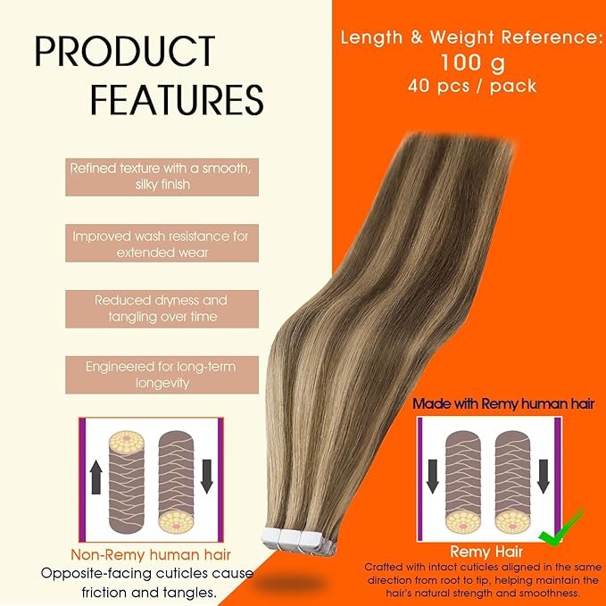 Full Shine Hair Extensions Real Human Hair Color 4P27 Medium Brown And Caramel Blonde Tape in Hair Extensions Cuticles Aligned Remy Seamless Skin Weft Brazilian Straight 20Inch 100G 40Pcs