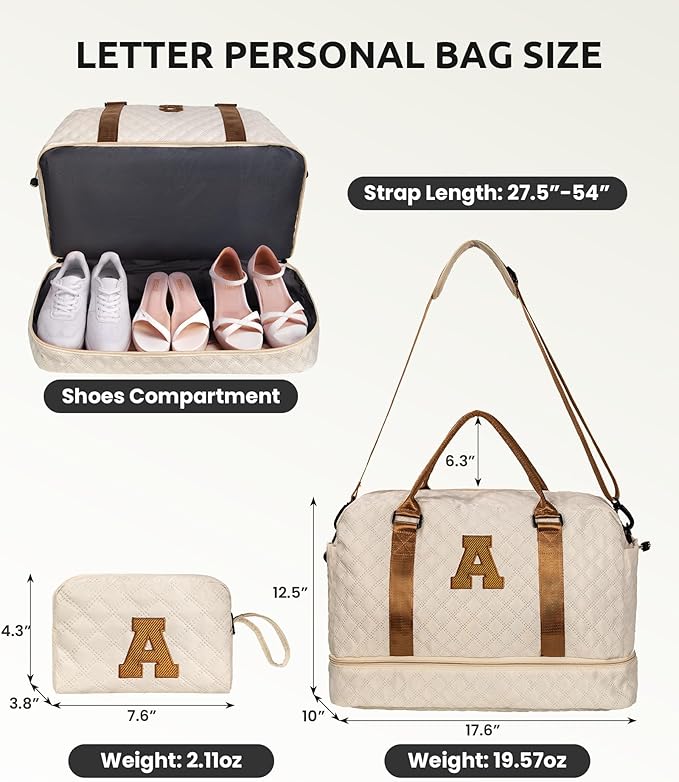 Initial Duffle Bag with Shoe Compartment, Personalized Weekender Bag, Monogram Overnight Bag for Women with Trolley Sleeve & Wet Pocket, Letter Travel Bag with Makeup Bag (Letter J), Beige