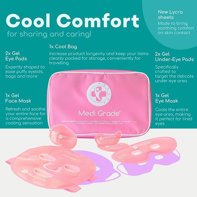 Medi Grade Cooling Ice Face Mask and Cooling Eye Mask for Puffy Eyes, Pink - Self Care Face Ice Pack with ChillGel Face Ice Mask Technology - Cooling Face Mask, Eye Pads and Bag