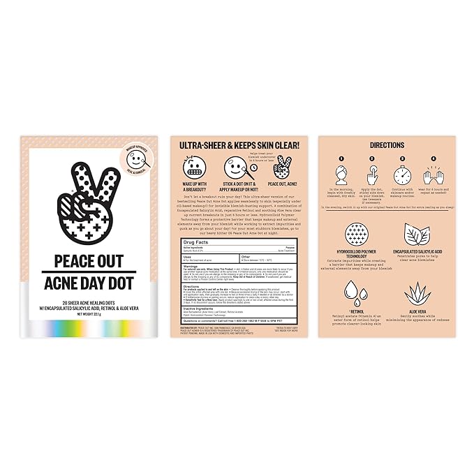 PEACE OUT Acne Day Dot Sheer Hydrocolloid Pimple Patches, Invisible Acne Spot Patches with Encapsulated Salicylic Acid, Retinol, and Aloe Vera, 20 Dots