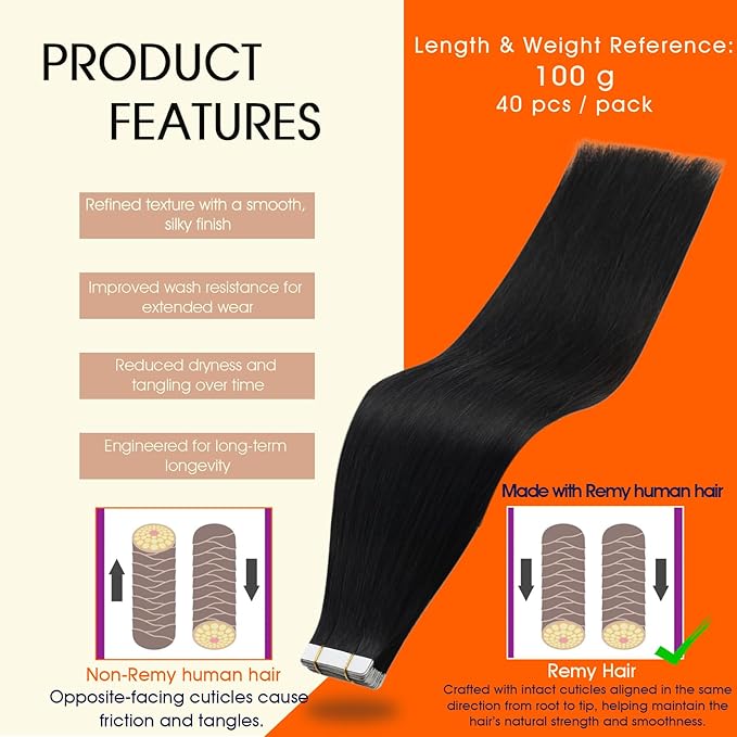 Full Shine Tape in Hair Extensions Human Hair Color 1B Off Black Tape in Extensions Human Hair 26Inch Invisible Remy Hair Extensions 100G 40Pcs Wedding Hair
