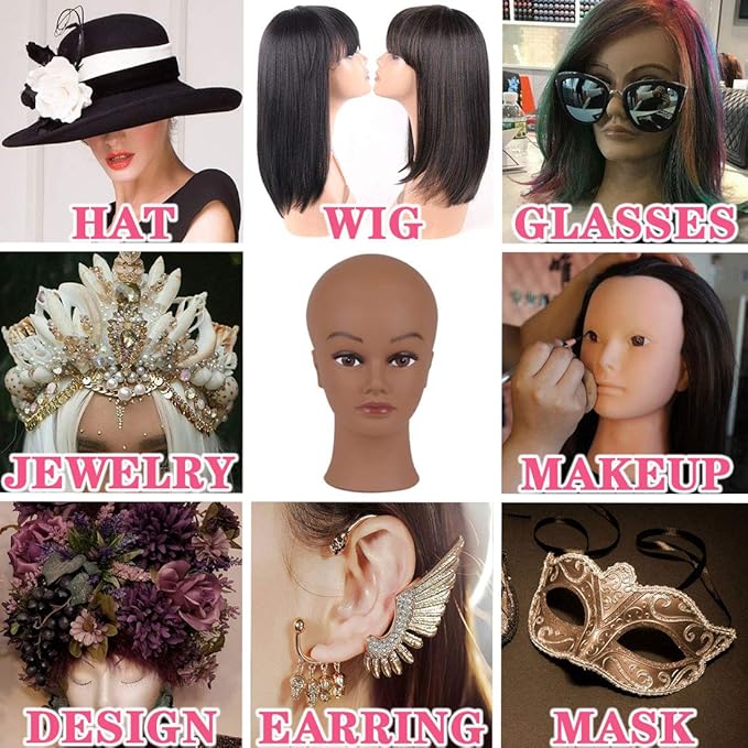 Bald Mannequin Head with Eyelash Female Wig Head Professional Cosmetology for Wig Making and Display Hat Helmet Glasses or Masks Display Head Model with Free T-Pins (Dark Brown)