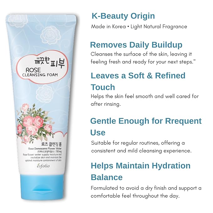 esfolio Rose Cleansing Foam – Gentle Daily Face Cleanser with Soothing Rose Extract for Hydrating and Refreshing Skin, Removes Dirt and Excess Oil, Suitable for All Skin Types (5.29oz -150g)