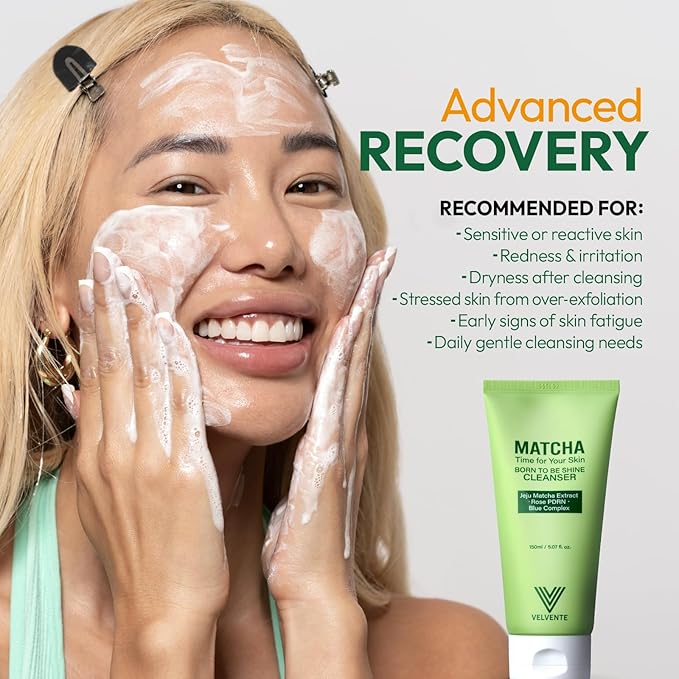 VELVENTE Matcha PDRN Gentle Foam Cleanser for Redness Relief & Acne-Prone Skin | Korean Green Tea Low-pH Face Wash | Pore Refining, Brightening, Soothing Daily Cleanser | Sensitive Skin Friendly