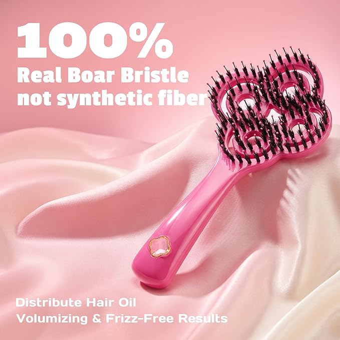 SIMETRA Lucky Hair Brush for Women, 14K Gold Plated Wet Brush Detangling Brush for All Hair Types, Natural Crystal Inlay Boar Bristle Hair brush, Curly Detangler HairBrush for Scalp Massage Gift