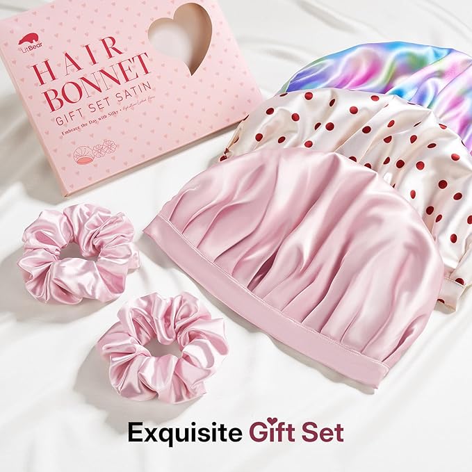 LitBear Silk Satin Bonnet for Sleeping Women, Adjustable Double Layer Hair Bonnet with Scrunchies for Curly Natural Hair, Non Slip Softer Night Sleep Cap