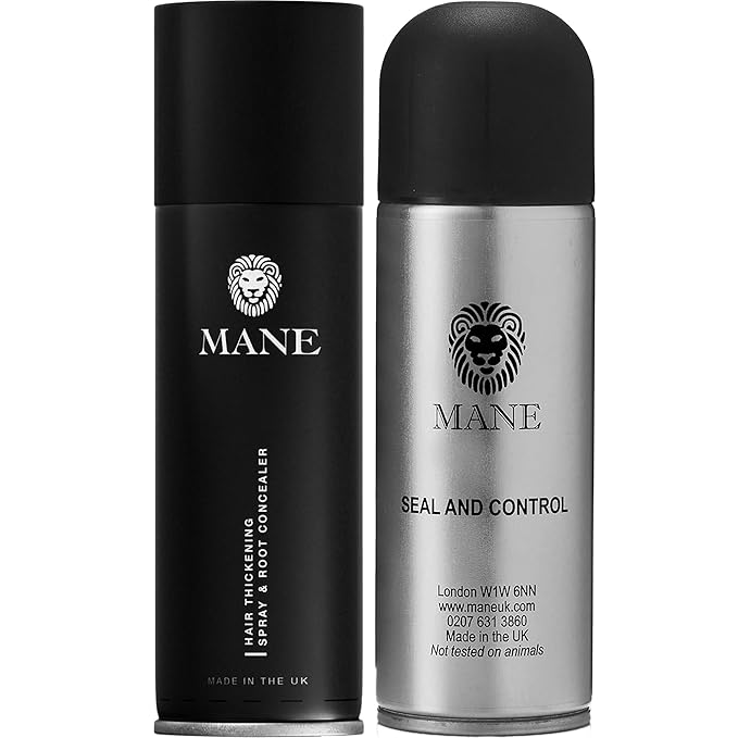 MANE Hair Thickening Spray & Root Touch Up, Seal & Control Combo Pack, Instantly Thicker Hair for Men & Women, Fill in Hairlines and Hide Thinning and Fine Patches - Medium Brown, 12 Colors (6.76 oz)