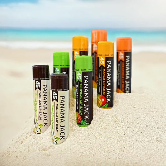 Panama Jack Passport to Flavor - Travel Sunscreen Lip Balm Bulk SPF 45 Stick - 8 Pack Dreamsicle, Mango, Tropical & Vanilla
