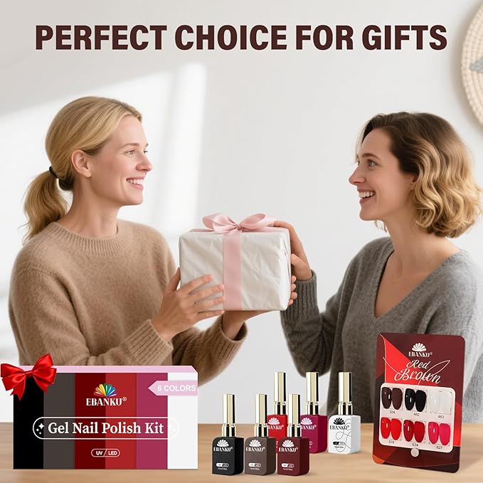 EBANKU 6 Pcs 15ML Red Gel Nail Polish Set- Valentines Dark Red Burgundy Gel Polish Same Color Same Bottle Soak Off Gel Polish Kit Nail Art Manicure Gifts for Women (Dark Red White Black Brown)