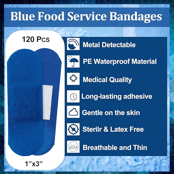 Geiserailie 120 Pcs Food Service Blue Detectable Bandage Woven Fingertip Waterproof Flexible Bandages Non-Stick Pad Latex Free for Catering First Aid Kit Wound Care and Protection(1" X 3",Rectangle)