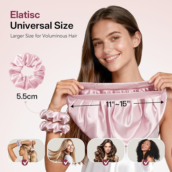 LitBear Silk Satin Bonnet for Sleeping Women, Adjustable Double Layer Hair Bonnet with Scrunchies for Curly Natural Hair, Non Slip Softer Night Sleep Cap