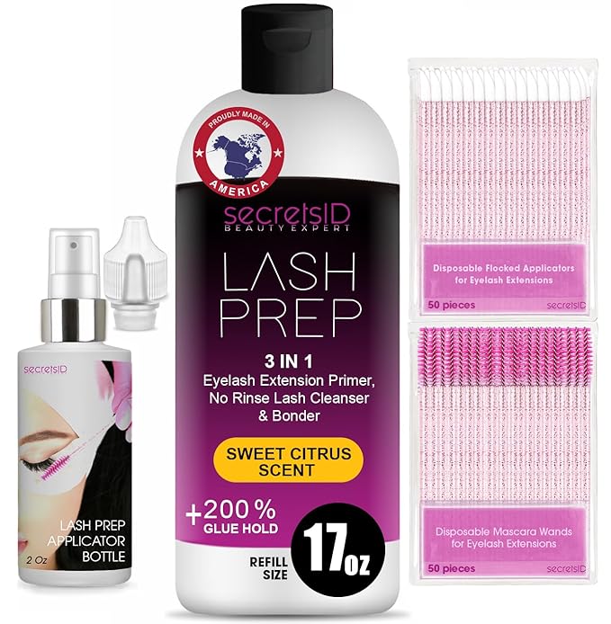 3 in 1 Eyelash Extension Primer Bulk 16 Oz - No Rinse Lash Cleanser and Bonder - Made in America Kit with 100 Wands for Lash Technicians and Brow Stylists for Optimal Retention - Sweet Citrus Scent