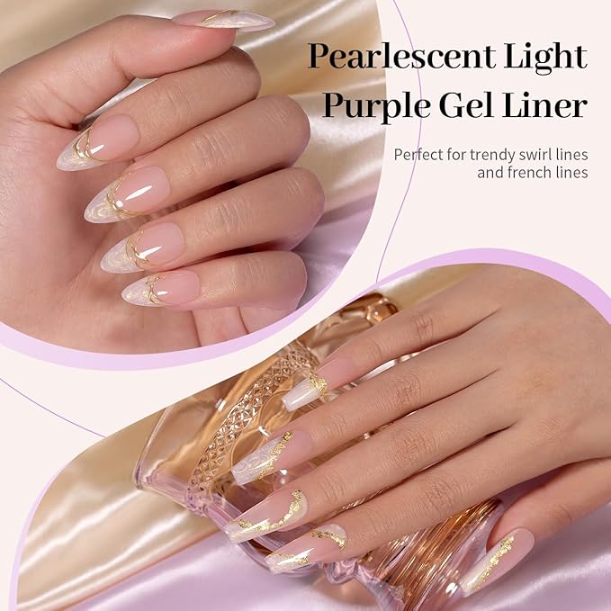 RARJSM Pearl Gold Gel Liner Nail Art Pearlescent Milky Light Purple White Golden Shell Glitter Swirl Effect Gel Nail Polish 8ml Build in Thin Brush Painted Drawing Striper Gelpolish Curing Requires