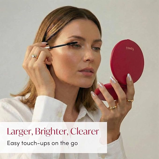 Fancii Taylor LED Lighted Travel Makeup Mirror, Rechargeable, 10x /1x Magnifying, Tru-Glow Light Technology, XL Large 5” Wide | Compact Mirror for Purses (Ruby Red)