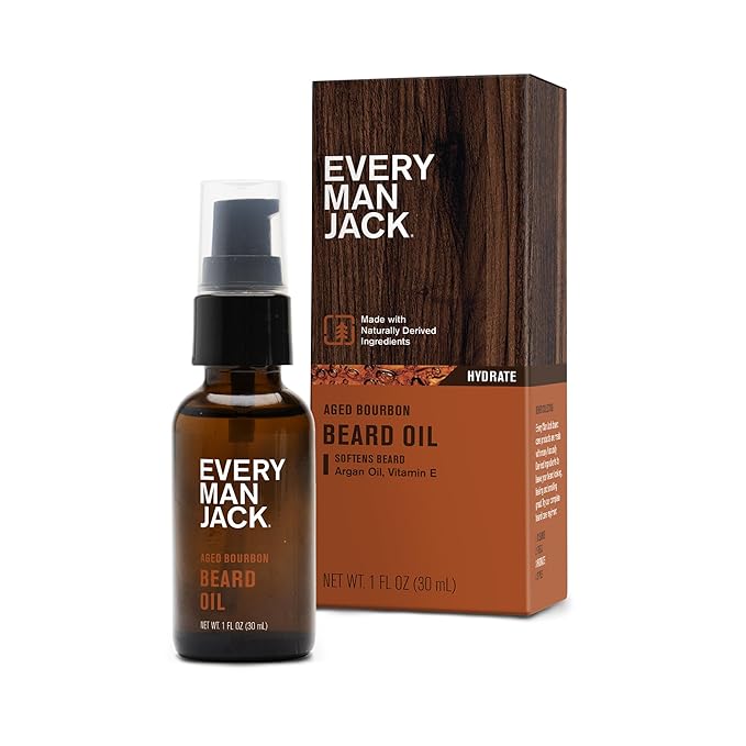 Every Man Jack Men's Beard Oil - Aged Bourbon Fragrance - Deeply Moisturizes and Softens Your Beard and Adds a Natural Shine - Naturally Derived with Shea Butter and Argan Oil - 1 fl oz