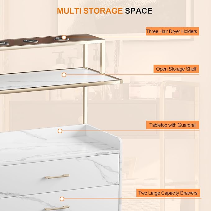 Salon Rolling Trolley with Lockable Wheels Barber Cart with Storage Drawer Mobile Hair Station Cabinet for Beauty Makeup Esthetician Spa Massage (White Marble-one Shelf-Two-Drawers)