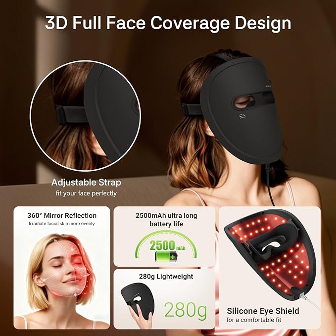 Red Light Therapy Mask for Face, 2026 LED Face Mask Light Therapy, 4 Modes with Red/Blue/infrared/Dual Red & Blue Lights for Reduce Acne, Anti-Aging and Blemish Repair, Full Face Coverage, Lightweight