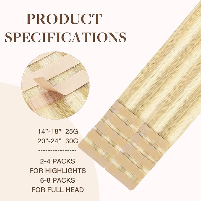 GOO GOO Tape in Hair Extensions Human Hair, 18D/22F Dirty Blonde Highlights, 14inch 25g 10pcs, Skin Weft Seamless Invisible, Silky Straight with Thick Ends, Remy Human Hair
