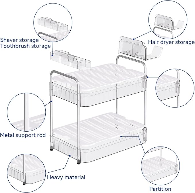 Bathroom Counter Organizer, 2 Tier Makeup Skincare Storage Tray with Hair Dryer Holder and Toothbrush Rack, Perfume Organizer Vanity Shelf for Countertop, Dresser (Transparency)