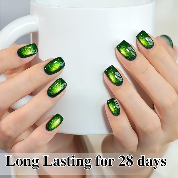 Double Rhythm Cat Eye Gel Polish with Magnet 15ML Holographic Glitter Shimmer Translucent Sheer Color Glass Magnetic Gel Polish Salon DIY at Home (Dark Green-MC1045)
