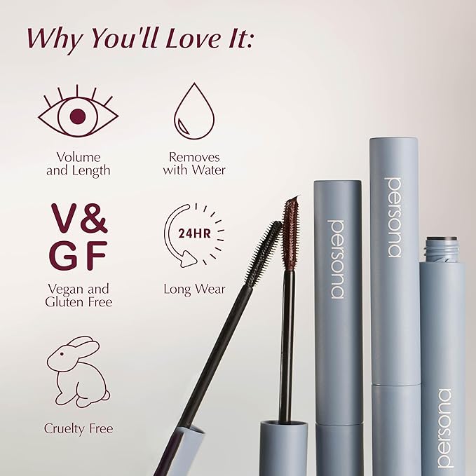 PERSONA Volumizing Tubing Mascara | Lift, Lengthen & Define | Buildable Volume Without Clumps | Long-Wear, Water-Removable | Vegan, Cruelty-Free & Gluten-Free (0.33 fl oz) | Made in Italy, Chocolate