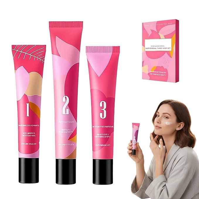 Gentle Facial Hair Removal Cream for Women, Advanced Formula for Sensitive Skin, Painless Hair Remover Kit with Cream & Smoothing Gel & Soothing Lotion (3, Standard)