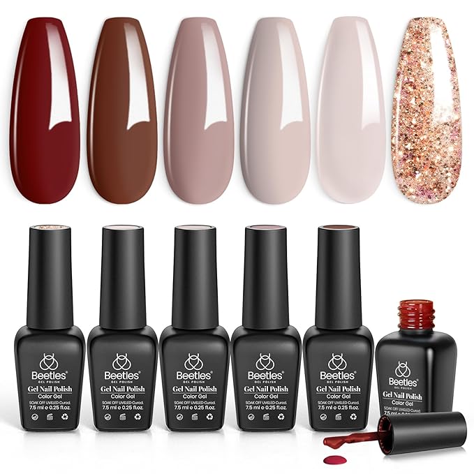 Beetles Brown Gel Nail Polish - 6 Colors Burgundy Brown Neutral Grey Plum Gel Polish Set, Soak Off UV LED Nail Colors for Manicure Gift for Women