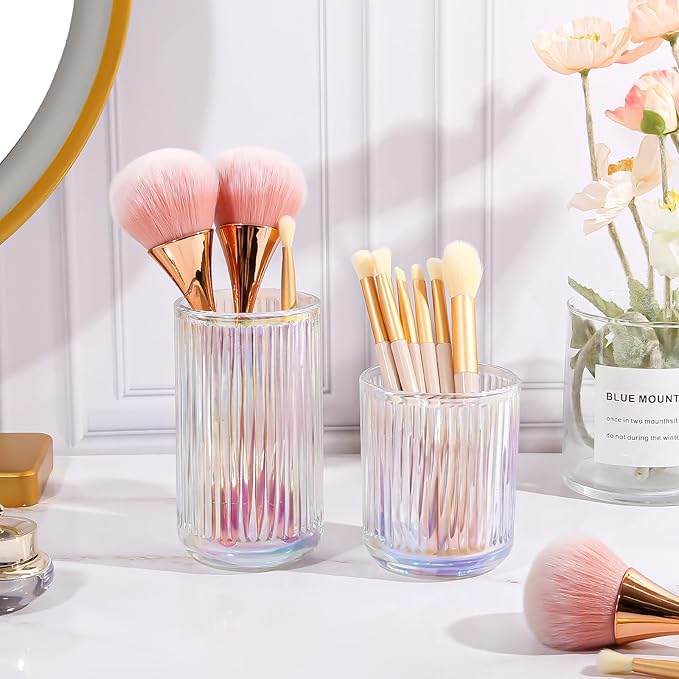 DASITON Makeup Brush Holder Organizer, Crystal Glass Makeup Brushes Storage Holder, Vintage Make Up Brush Cup for Vanity, Pen Pencil Holder for Desk, Toothbrush Holders for Bathroom (Colorful S)