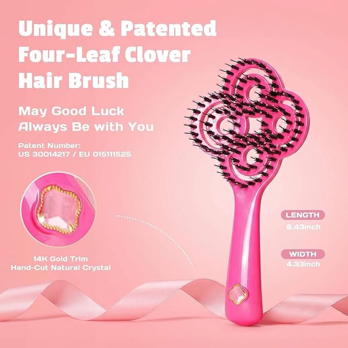 SIMETRA Lucky Hair Brush for Women, 14K Gold Plated Wet Brush Detangling Brush for All Hair Types, Natural Crystal Inlay Boar Bristle Hair brush, Curly Detangler HairBrush for Scalp Massage Gift