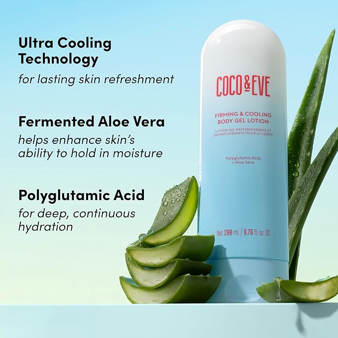 Coco & Eve Firming & Cooling Body Gel Lotion — Aftersun Care with Aloe Vera, Polyglutamic Acid for Sunburn Relief, Hydration & Skin Recovery. Soothing Moisturiser for Sun-irritated Skin. (6.76 fl oz)