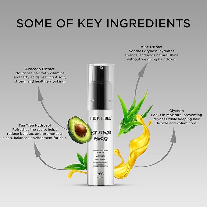 Thick Fiber Hair Styling Powder – Tangle-Free, Non-Sticky, No White Residue – Infused Clay-Based Powder for Volumizing & Texturizing – Matte Finish for Women and Men – Medium Hold – 26g