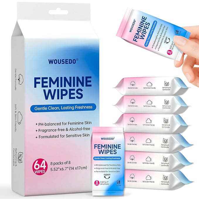Feminine Hygiene Wipes for Women, pH Balanced & Hypoallergenic Intimate Wipes, Alcohol-Free, Gentle Female Personal Wipes, Convenient Mini Packs for Daily Use & On-The-Go，64 Wipes (Pack of 8)